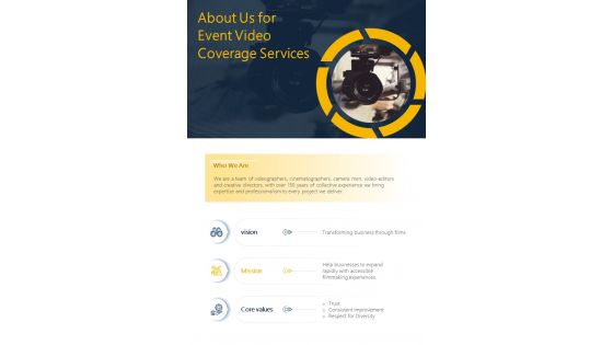 About Us For Event Video Coverage Services One Pager Sample Example Document