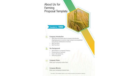 About Us For Farming Proposal Template One Pager Sample Example Document