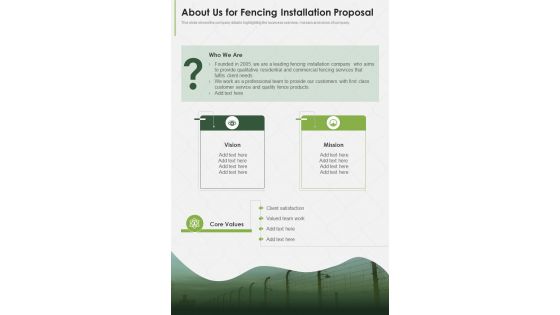 About Us For Fencing Installation Proposal One Pager Sample Example Document