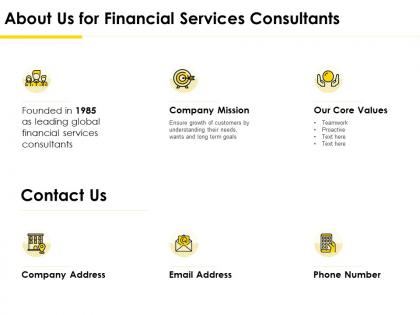 About us for financial services consultants ppt powerpoint designs