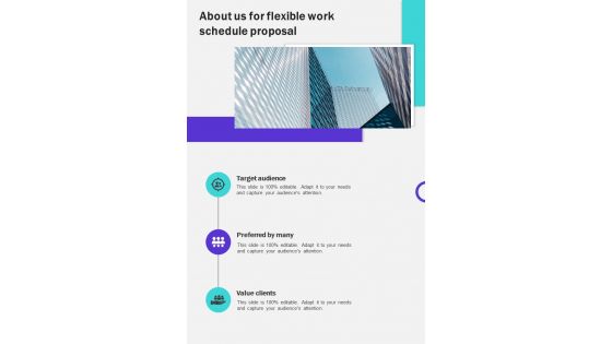 About Us For Flexible Work Schedule Proposal One Pager Sample Example Document