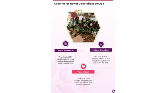 About Us For Flower Decorations Service One Pager Sample Example Document