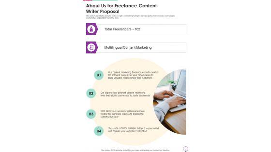 About Us For Freelance Content Writer Proposal One Pager Sample Example Document