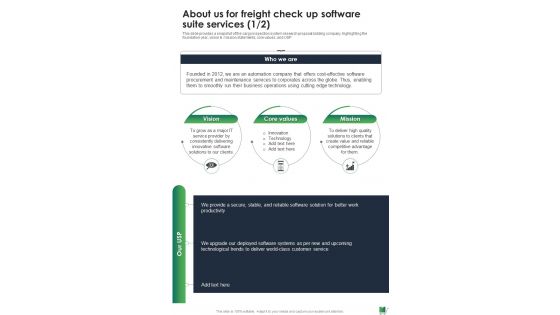 About Us For Freight Check Up Software Suite Services One Pager Sample Example Document