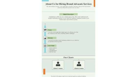 About Us For Hiring Brand Advocate Services One Pager Sample Example Document