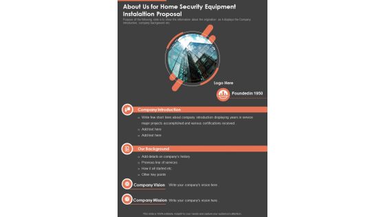 About Us For Home Security Equipment Instalaltion Proposal One Pager Sample Example Document