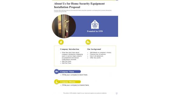 About Us For Home Security Equipment Installation Proposal One Pager Sample Example Document