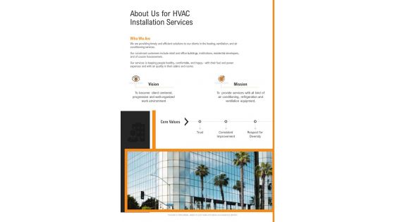 About Us For HVAC Installation Services One Pager Sample Example Document