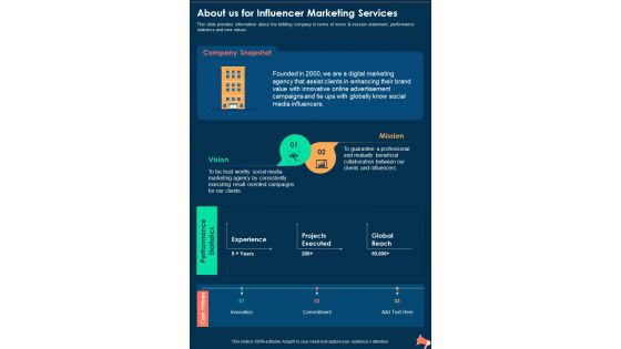 About Us For Influencer Marketing Services One Pager Sample Example Document