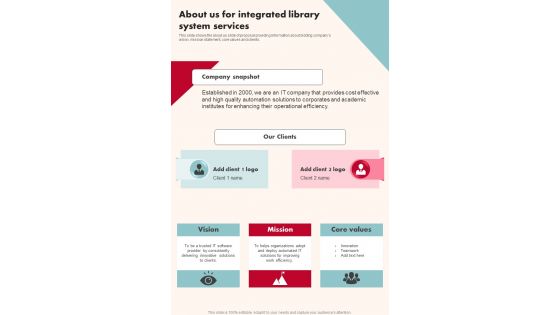 About Us For Integrated Library System Services One Pager Sample Example Document