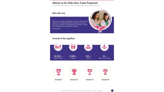 About Us For Kids Day Care Proposal One Pager Sample Example Document
