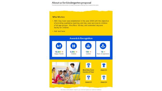 About Us For Kindergarten Proposal One Pager Sample Example Document