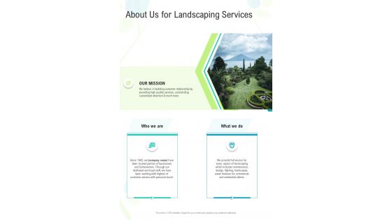 About Us For Landscaping Services One Pager Sample Example Document