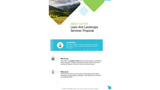 About Us For Lawn And Landscape Services Proposal One Pager Sample Example Document