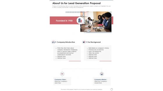 About Us For Lead Generation Proposal One Pager Sample Example Document