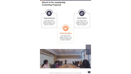 About Us For Leadership Coaching Proposal One Pager Sample Example Document