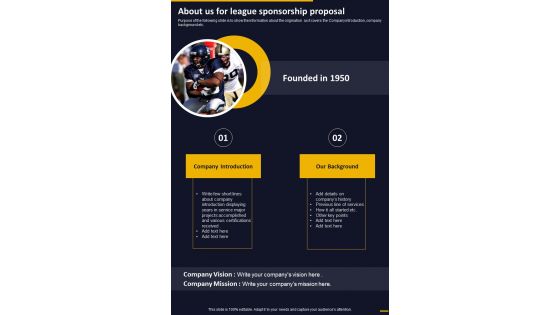 About Us For League Sponsorship Proposal One Pager Sample Example Document