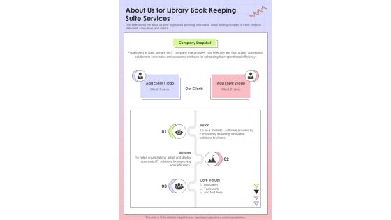 About Us For Library Book Keeping Suite Services One Pager Sample Example Document