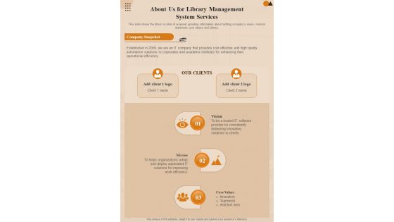 About Us For Library Management System Services One Pager Sample Example Document