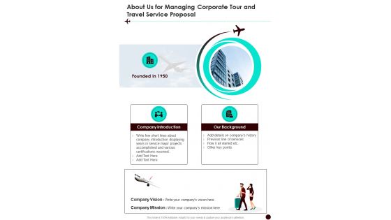 About Us For Managing Corporate Tour And Travel Service One Pager Sample Example Document