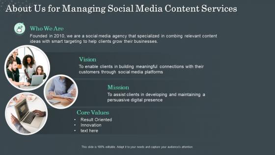 About us for managing social media content services ppt slides infographics