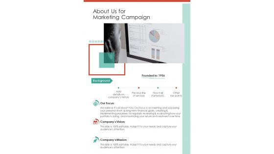 About Us For Marketing Campaign One Pager Sample Example Document