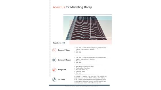 About Us For Marketing Recap One Pager Sample Example Document