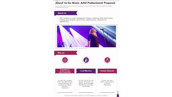 About Us For Music Artist Professional Proposal One Pager Sample Example Document