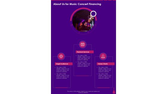 About Us For Music Concert Financing One Pager Sample Example Document