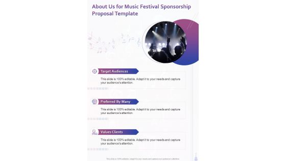 About Us For Music Festival Sponsorship Proposal Template One Pager Sample Example Document