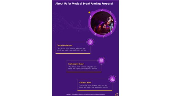 About Us For Musical Event Funding Proposal One Pager Sample Example Document