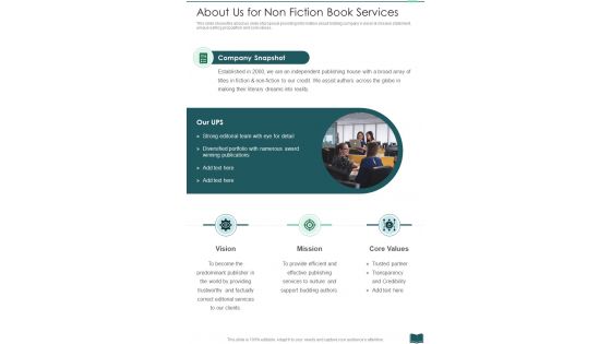 About Us For Non Fiction Book Services One Pager Sample Example Document