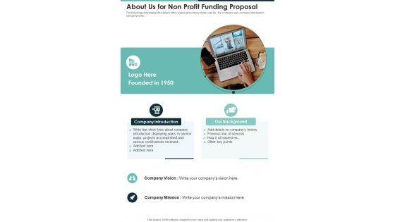 About Us For Non Profit Funding Proposal One Pager Sample Example Document