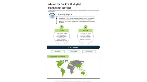 About Us For ORM Digital Marketing One Pager Sample Example Document