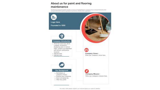 About Us For Paint And Flooring Maintenance One Pager Sample Example Document