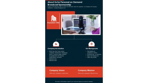 About Us For Personal On Demand Broadcast Sponsorship One Pager Sample Example Document