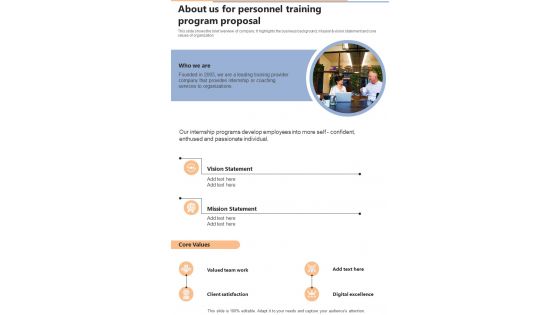 About Us For Personnel Training Program Proposal One Pager Sample Example Document