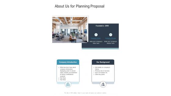 About Us For Planning Proposal One Pager Sample Example Document