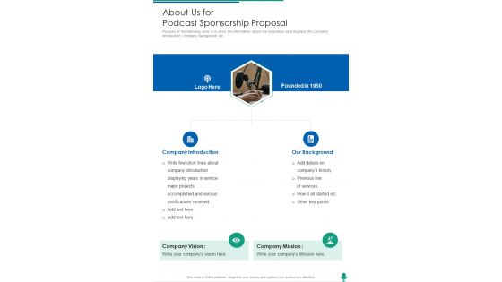 About Us For Podcast Sponsorship Proposal One Pager Sample Example Document