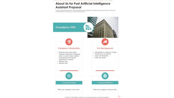 About Us For Post Artificial Intelligence Assistant Proposal One Pager Sample Example Document