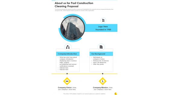 About Us For Post Construction Cleaning Proposal One Pager Sample Example Document