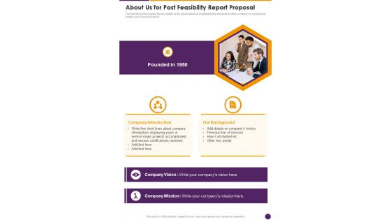 About Us For Post Feasibility Report Proposal One Pager Sample Example Document