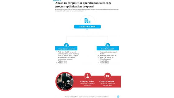 About Us For Post For Operational Excellence Process Optimization Proposal One Pager Sample Example Document