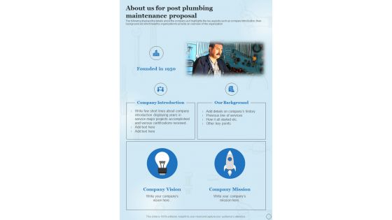 About Us For Post Plumbing Maintenance Proposal One Pager Sample Example Document
