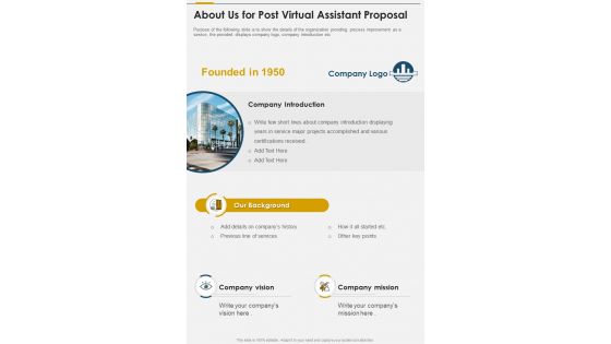 About Us For Post Virtual Assistant Proposal One Pager Sample Example Document