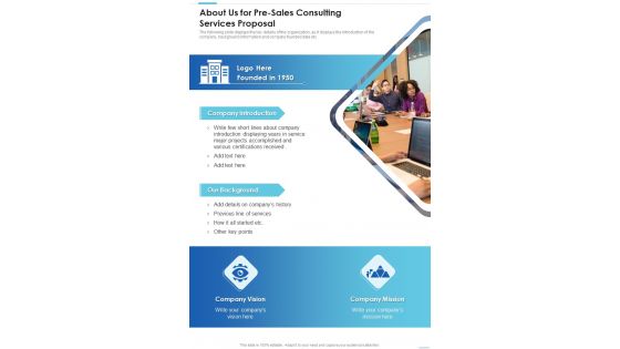 About Us For Pre Sales Consulting Services Proposal One Pager Sample Example Document