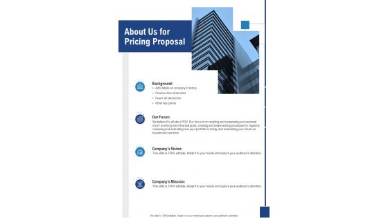 About Us For Pricing Proposal One Pager Sample Example Document