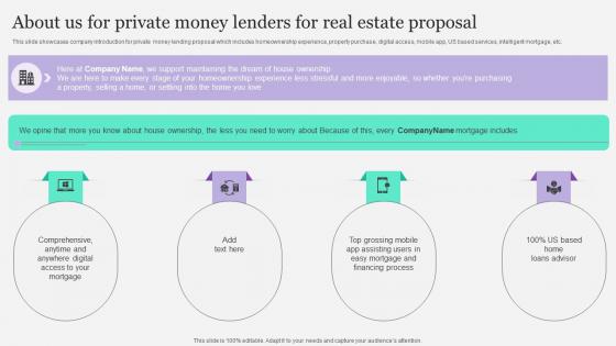 About Us For Private Money Lenders For Real Estate Proposal Ppt Introduction