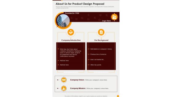 About Us For Product Design Proposal One Pager Sample Example Document