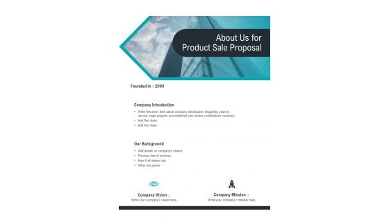 About Us For Product Sale Proposal One Pager Sample Example Document